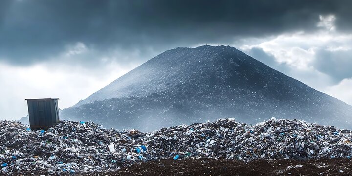 Container on landfill hill with large trash mountain and gloomy overcast sky above.