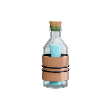 A minimalist 3D illustration of a glass bottle with a cork stopper, a small shot glass inside, and a brown band holding it together, set against a white background