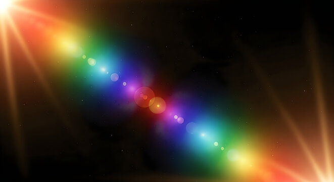 Vibrant spectral rainbow light flare with bokeh effect against a dark starry night sky backdrop