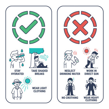 Heat stroke prevention infographic showing safety tips for working in hot weather and direct sun.