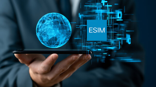 Businessman holding smartphone with esim and globe on screen in modern office