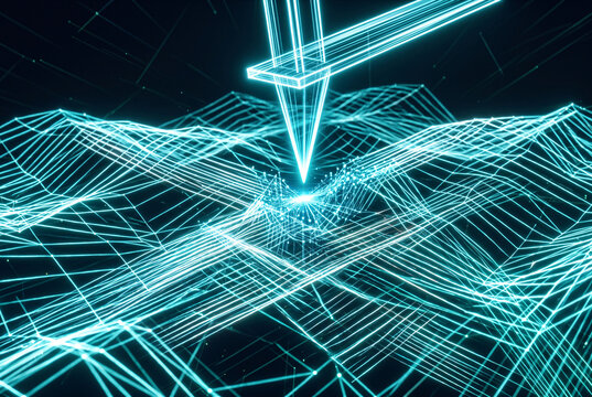 HDR photography of an atomic force microscope scanning projecting glowing neon abstract topographical mesh