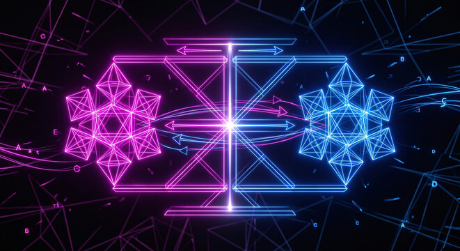 HDR photography of a chemical equilibrium state projecting glowing neon abstract geometric linear scales
