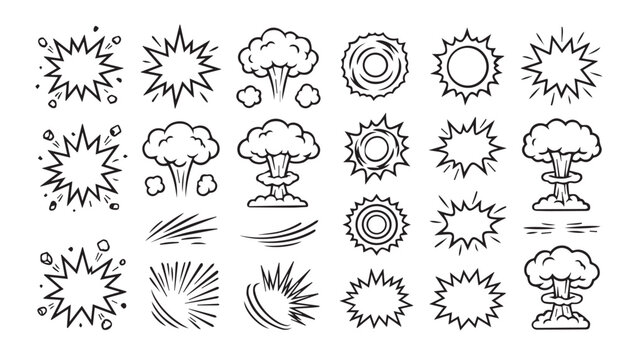 Explosive Graphic Elements: A collection of dynamic, hand-drawn graphic elements depicting various types of explosions, including mushroom clouds, shockwaves, and comic-style bursts.