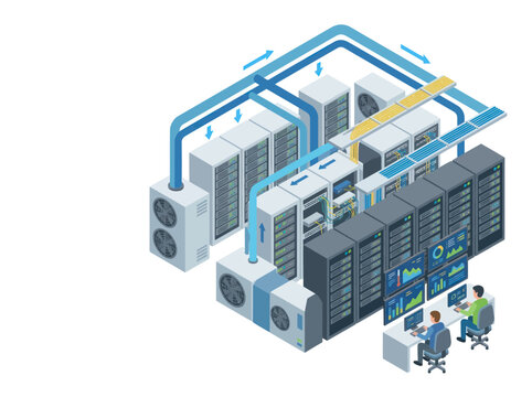 Modern data center with servers and cooling systems.