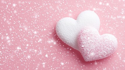 Fototapeta premium Two heart shapes, one white and one pink, with snowfall effect on a pink background