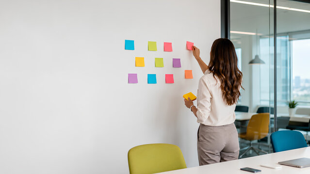 Creative Woman Thinking and Planning with Colorful Sticky Notes