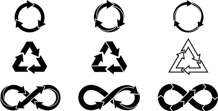 Recycling Arrow Icon Set with Circular Loop, Triangle Mobius Strip, and Infinity Loop Symbols for Eco Friendly Sustainability and Circular Economy Designs