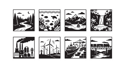 Fototapeta premium Collection of Nature, Industry, and Transportation Icons in Silhouette Style