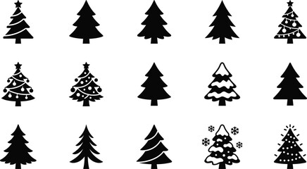 Fototapeta premium Set of black christmas tree icons for holiday design projects featuring various pine and fir tree shapes and winter styles
