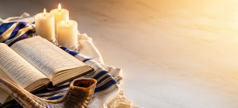 Jewish prayer book with candles and shofar against a bright background for high holy banner format