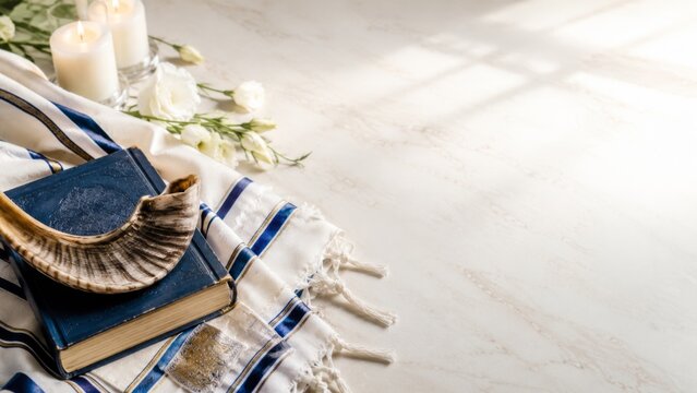 Jewish prayer book with candles and shofar against a bright background for high holy banner format