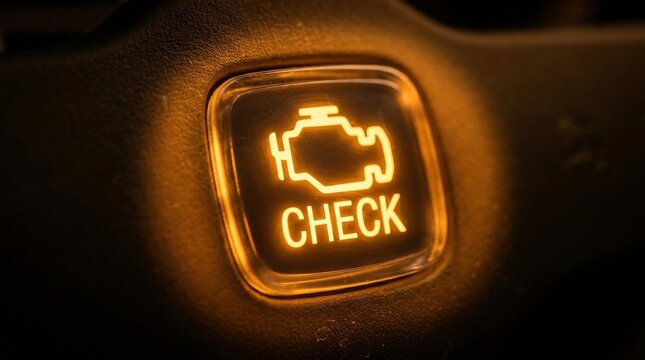 Illuminated check engine warning light on a vehicle dashboard