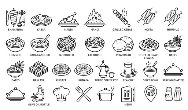 Modern Arabian Cuisine Vector Icon Set