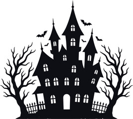 Fototapeta premium Spooky halloween haunted house with bats and trees on a white background for decoration