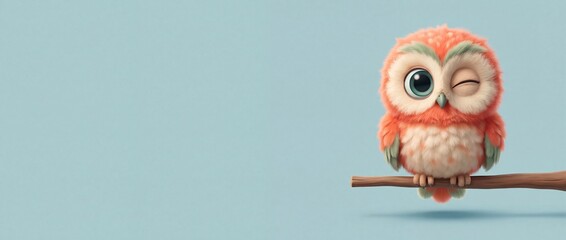 Fototapeta premium Cute orange owl cartoon character winking on tree branch against pastel blue background, adorable fluffy baby bird banner with copy space for creative graphic web design, cheerful mascot illustration.