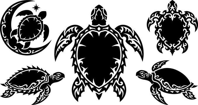 Tribal Sea Turtle Vector Silhouette Icon Set with Polynesian Maori Style Silhouette Tattoos and Tropical Marine Wildlife Ocean Patterns for Graphic Designs