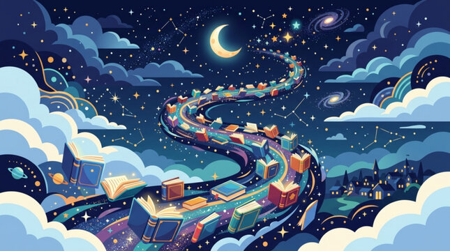 Nighttime cityscape, colorful buildings, winding road, clouds, stars, moonlight