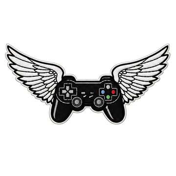 Black video game controller with white wings illustration