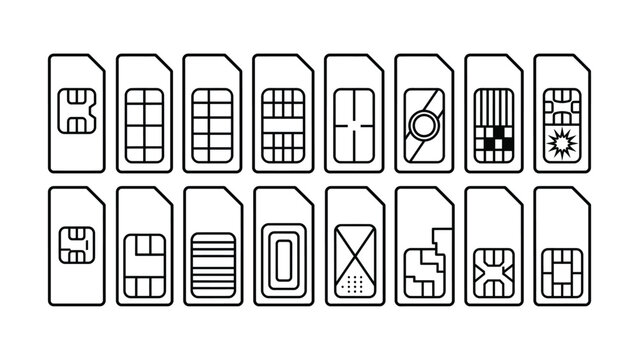 A collection of sim card icons in various designs and patterns on a transparent background for technology and communication concepts  mobile phone accessories