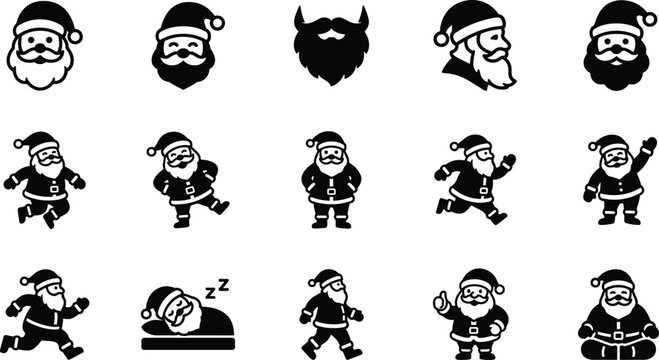 Black and white set of santa claus icons showing different poses and expressions for christmas holiday design projects