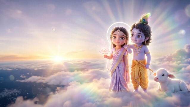 Radha Krishna Celestial Wallpaper 4K HD | Divine Heaven Clouds | Spiritual Desktop Background