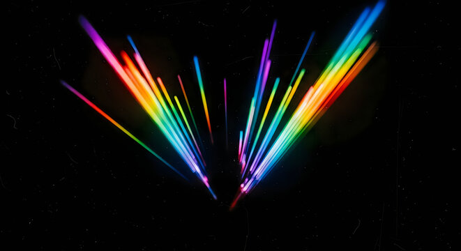 Vibrant rainbow light streaks exploding from a central point on black background abstract digital art
