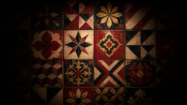 Ornamental vintage tiles with geometric and floral motifs