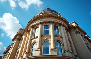 Fototapeta premium Classic building with round roof, arched windows features stone columns. Grand exterior design historical architecture under blue sky. Ornate facade details create elegant atmosphere. Urban