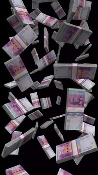 Vertical Cape Verde Money, Falling Cape Verdean Escudo Bills Black Background, Premium Atlantic Ocean Finance Cash Stacks, 4K