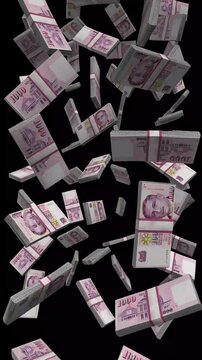 Vertical Singapore Money, Falling Singapore Dollar Bills Black Background, Premium Asian Fintech Finance Cash Stacks, 4K