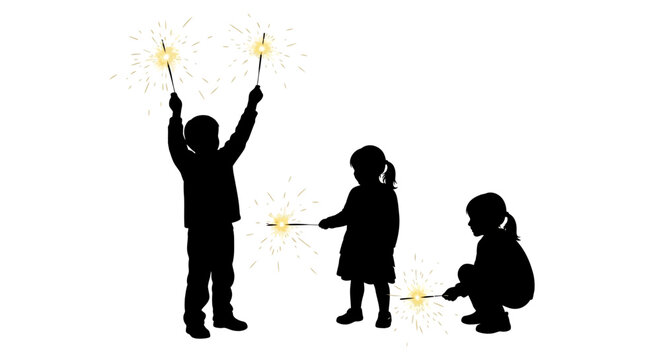 Silhouettes of children playing with sparklers with black silhouettes three children holding sparklers white background celebration fireworks