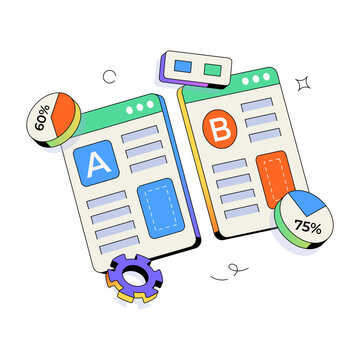 Flat A/B testing board with comparison panels, percentage gauge, and tools.