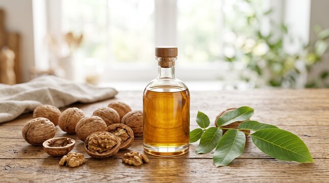 Clear glass bottle of organic walnut oil placed on rustic wooden table with fresh green leaves and scattered whole walnuts in bright kitchen.
