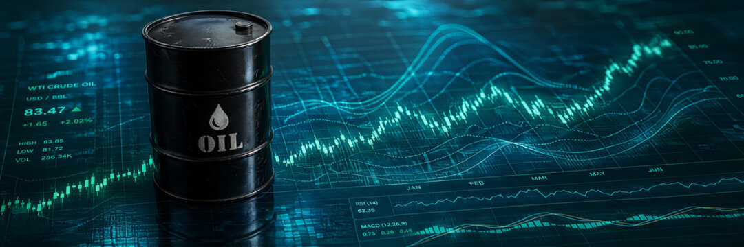 Oil barrel displayed with rising stock market financial data charts