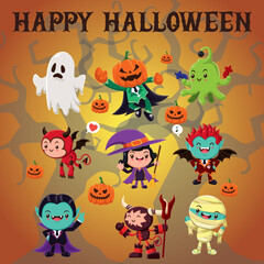 Fototapeta premium Vintage Halloween Monster Characters Collection Vector Set with Demon Witch Vampire Mummy Ghost and Alien