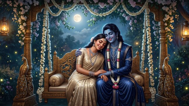 Radha Krishna Wallpaper 4K HD | Moonlit Vrindavan Jhula | Divine Romantic Background