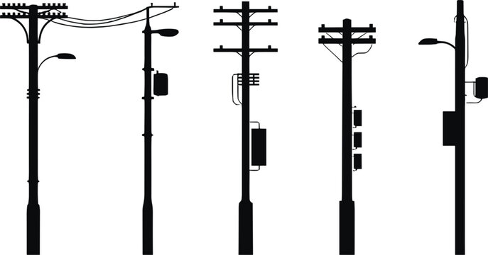 Silhouettes of Utility Poles with Electrical Equipment and Streetlights electricity power