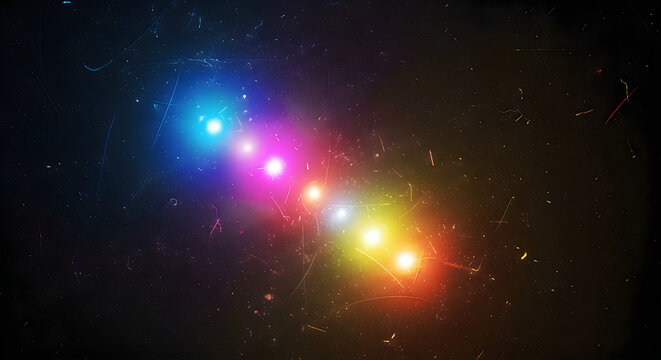 Abstract cosmic arrangement of vibrant glowing orbs resembling a celestial rainbow in deep space