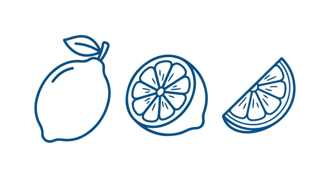 Minimalist lemon line art icons, hand drawn citrus fruit vector set, blue outline lemon slices and whole fruit illustrations for organic branding