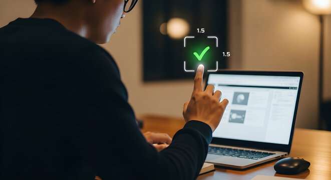Young Professional Working on Laptop with Digital Checkmark Approval Interface for Efficient Workflow Management and Task Completion