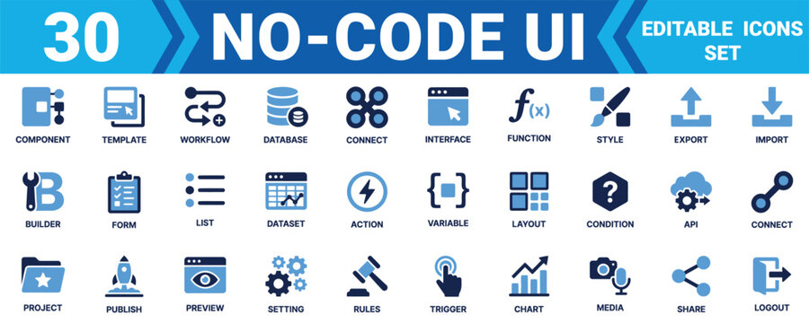 Set of 30 modern no-code user interface vector icons for website development and mobile app design projects Minimal solid fill icon set bundle collection. Editable Vector Illustration Mega pack