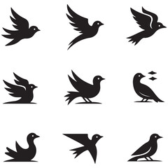 Fototapeta premium Minimalist bird icon set with black silhouettes of flying and perched birds for logo design and branding