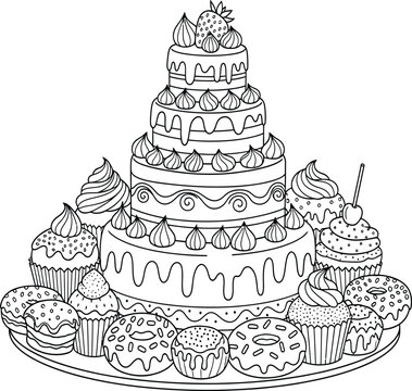 Silhouette of a multi tiered cake with cupcakes and donuts on a platter