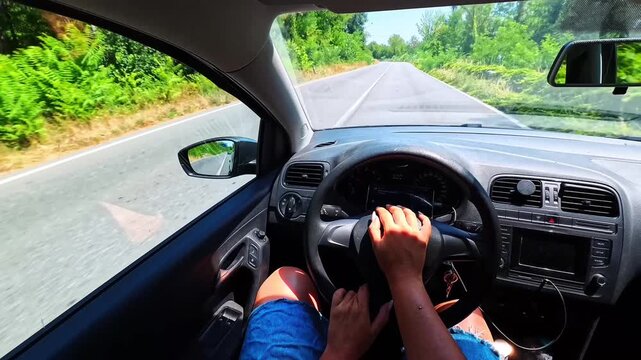 Woman Driving Along Straight Tree Lined Road, Groane Park, Italy - POV VIDEO