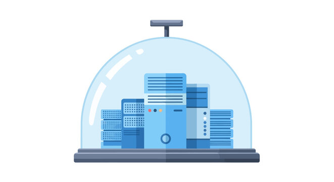 Data Server Security and Protection Concept Illustration with Network Racks Under a Glass Dome