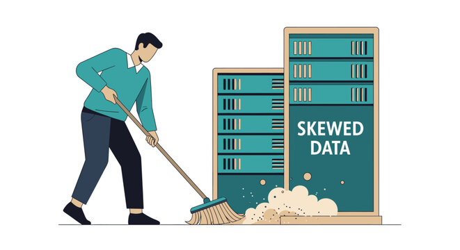 Data Cleaning Concept: IT Professional Sweeping Out Skewed Data from Server Racks to Improve Data Quality and Accuracy in Big Data Management