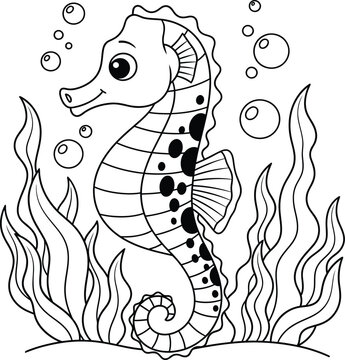 Silhouette of a smiling seahorse in seaweed with bubbles