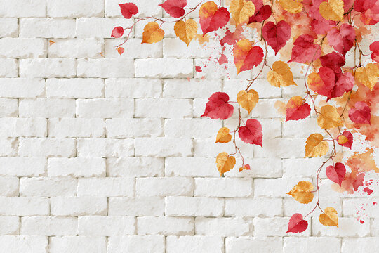 Rustic white brick wall background with watercolor fall leaves, paint splatters and empty copy space