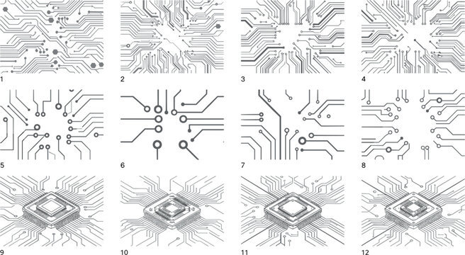 Electronic Circuit Board Vector Texture Set with Isometric CPU Microchip Processors and Technological Line Patterns for Cyberpunk Digital Web Backgrounds